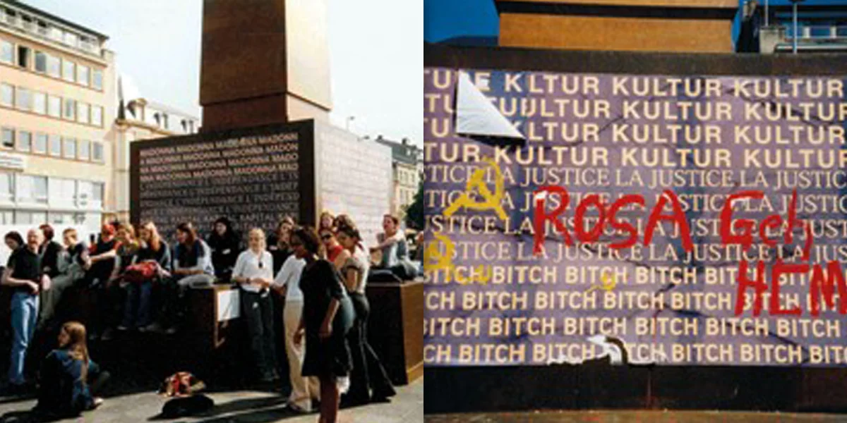 Besonnesch d‘Opschrëften um Sockel hunn d’Meenungen ander Gesellschaft gespléckt. | © Roxana Marcoci, Sanja Iveković: Lady Rosa of Luxembourg, in: Inside/Out, A Moma Blog, 01.12.2011.