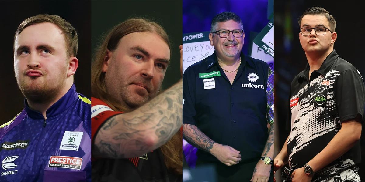 V. l. n. r.: Luke Littler, Ryan Searle, Gary Anderson, Gian van Veen. | © EPA/ANDY RAIN / EPA/NEIL HALL / picture alliance - Eibner-Pressefoto 